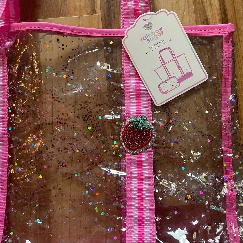 Clear Tote & Wristlet with Sparkle Accents & Pink Trim New
